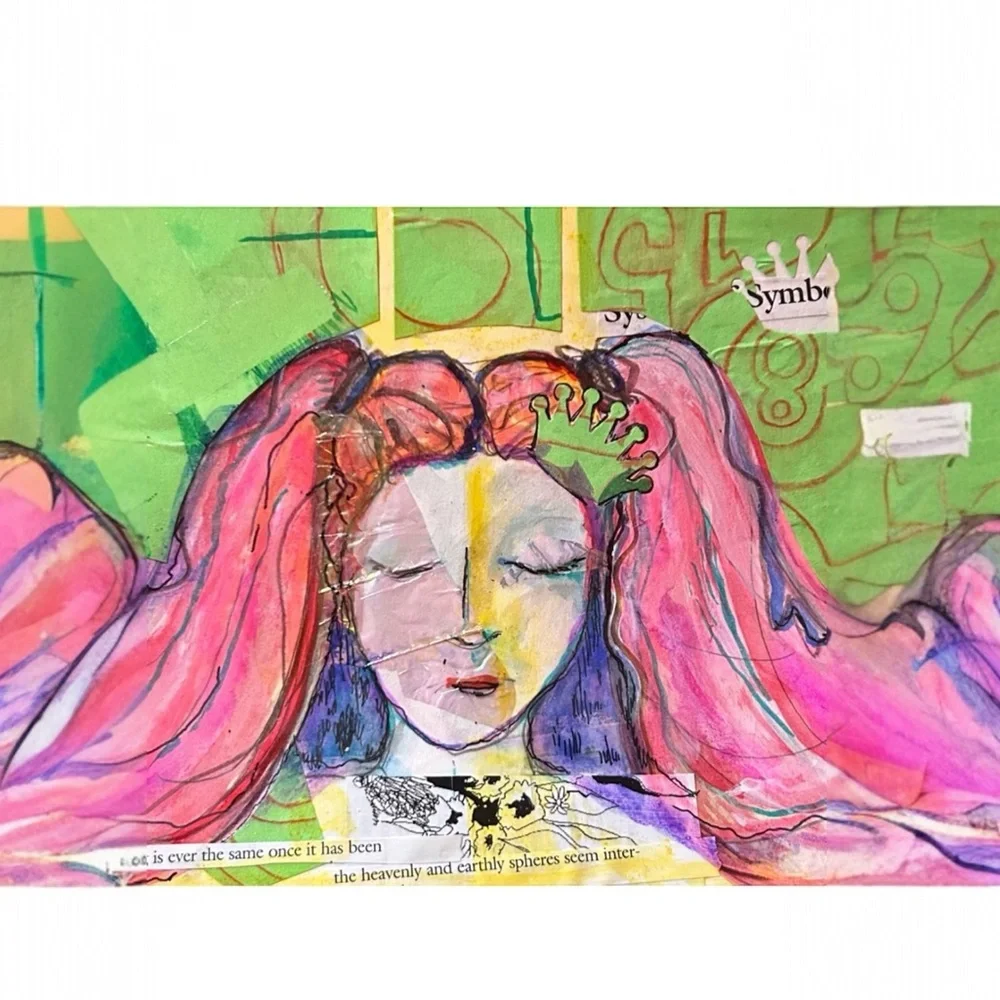 Handmade Framed Pink & Green Original Art Girl Power Gift Dorm Ready BTC 5x7 Art